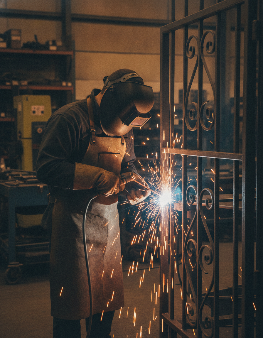 Neilson Laird craftsman welding a wrought iron gate in the workshop